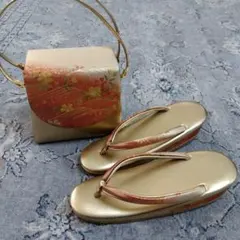 ゴールド 花柄バッグと草履のセット 和装小物 振袖 訪問着