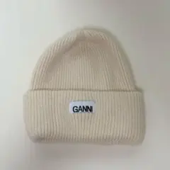 GANNI ガニー リブニットビーニー ロゴ入り ウール ニット帽 ベージュ