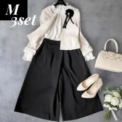 美品 セレモニーママスーツ3点 M ツイード×黒ワイドパンツ 卒業式 入学式
