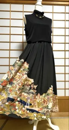 31814着物リメイク黒留袖　ロングスカート