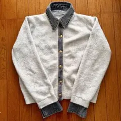 【中古】デニム襟　カーディガン 金ボタン　長袖 グレー　オートミール