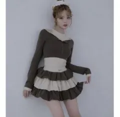 darich オフショルレイヤードリブトップス＆カットフリルミックスミニスカート