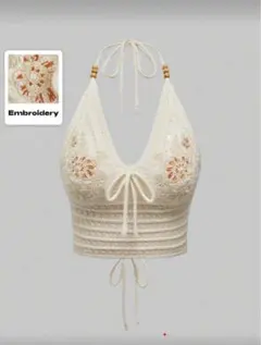 ROMWE Fairycore フローラル刺繍 リボンタイ ベージュキャミソール