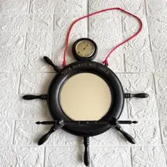 掛け鏡 舵輪型 温度計付き プラスチック製 レトロ インテリア 直径33cm
