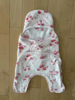 【50-70cm】　フリース フード付き おくるみ ピンク花柄 新生児 赤ちゃん