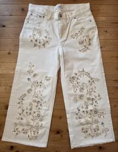 【未使用】ZARA ザラ プレミアムデニム 刺繍 ビーズ ワイドパンツ ホワイト