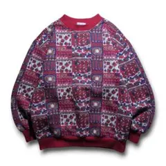 90s Jantzen 総柄 ウールスウェット プルオーバー 幾何学模様 レッド