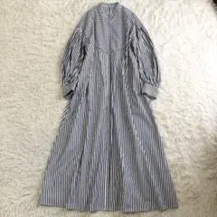 美品 23区 SLOW ストライプカフタンワンピース リボン ライトグレー 38