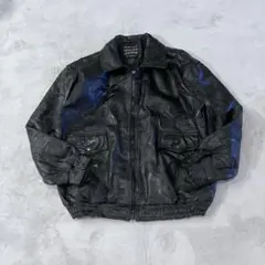 本革ラムレザー　ボンバージャケット ブラック　パッチワークデザインXL短丈