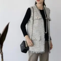 ELFRANKミックスツイードフリンジ ミドル丈ジレベスト