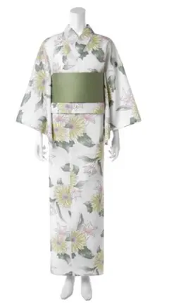 蓮の花柄 浴衣 緑色リボン帯 セット
