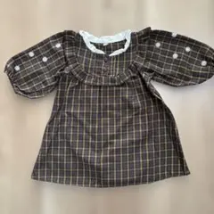 チェック柄花刺繍バルーンスリーブワンピース 90