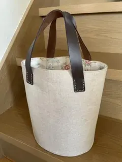 【ハンドメイド】布×革持ち手 バケツ型トートバッグ