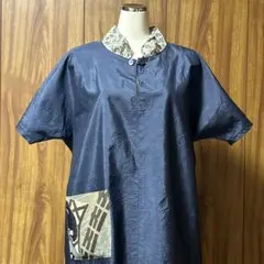 【着物リメイク】大島紬チュニックワンピース 絹 紺色 葉模様 フリル