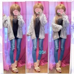 【GYDA】ボリュームスリーブ モールヤーン ケーブルニットカーディガン ギャル