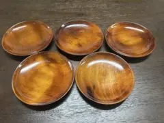 新品未使用　天然木　銘々皿　菓子皿5枚セット　茶色　光沢　12.8cm