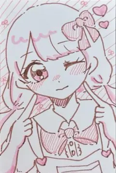 手描きイラスト女の子 赤ずきん リボン オリジナル アナログ 色紙 原画