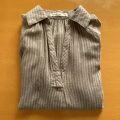 レディース長袖シャツ チュニック　　ベージュストライプ　L 綿100%