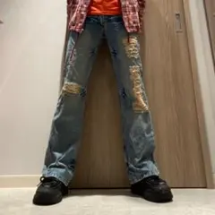 ネオお兄系 00s アーカイブ y2k フェード 刺繍 ダメージ フレアデニム