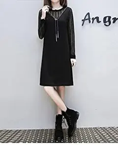 LL 新品 長袖ワンピース 黒 大きいサイズ レディース