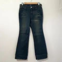 ◉JIE BIRD　ブーツカットデニム　ひげ加工　Y2K　L　濃青緑　フレア