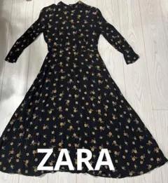 ZARA ザラ フラワープリント ロングワンピース 花柄 ブラック 7分袖 S