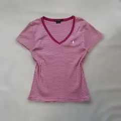 00's ラルフローレン　半袖Vネック リブTシャツ ピンク　L ボーダー　ピチ