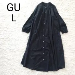 ★美品★【L】GU　バンドカラーシャツワンピース　ロングワンピース　黒