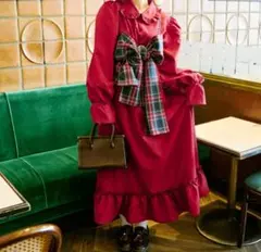 【クティールとレトロ】チェックリボンビスチェセットフリル襟ワンピース