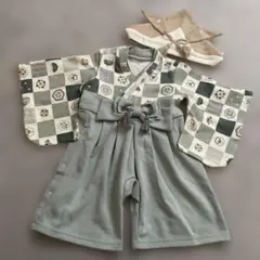 袴ロンパース、ベビー着物スタイル服 80cm 兜帽子