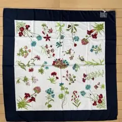 花柄 大判スカーフ 90×90 ネイビー縁 ポリエステル