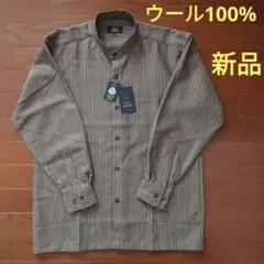 新品　ワイシャツ　スタンドカラー　洋服の青山　ウール　メンズM　長袖　緑　黃のサムネイル