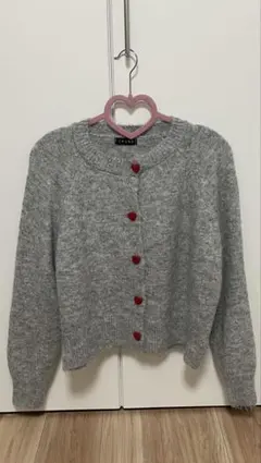カーディガン ハート ボタン 灰色 赤 古着