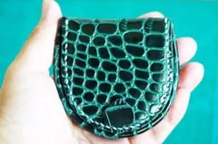 本革極厚 半円型馬蹄型小銭入れコインケース手縫いクロコダイル押し型ダークグリーン