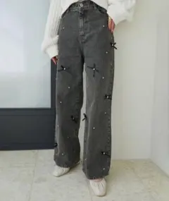 【新品未使用】リボンビジューデニム(グレーＳ)