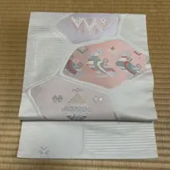 正絹名古屋帯 多色幾何学模様 鳥刺繍