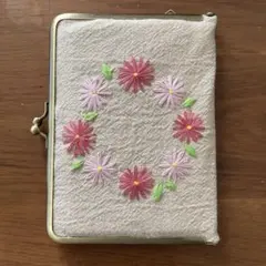 がま口型ハンドメイドサークルピンクフラワー刺繍文庫本ブックカバーマルチ手帳ケース