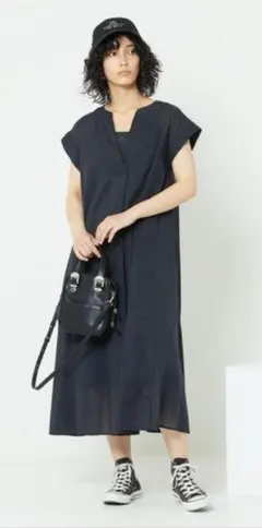 O923フリークスストアロングワンピース半袖ブラック黒無地コットン綿フレア春夏秋