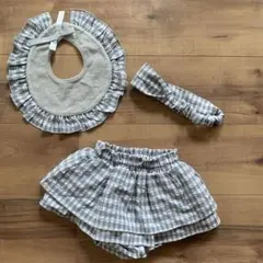 スタイ&ヘアバンド&ティアードスカート風ブルマ　3点セット　ギンガムチェック