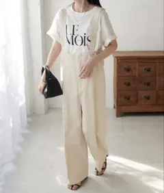 ベージュ サロペット リネン風 ワイドレッグ