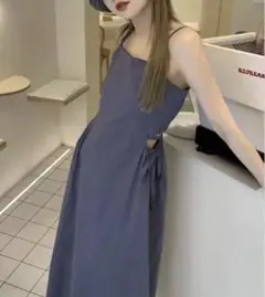 新品未使用 キャミワンピース ダークグレー ダークブルー サイドリボン付き