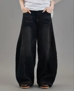 ダメージ加工 ブラック ワイドデニムパンツ