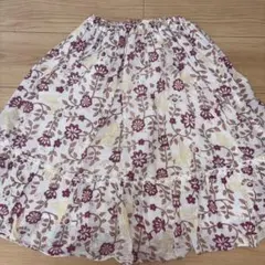 膝丈フレアスカート　春夏　ラメ入り　花柄×蝶々　白地×ピンク系　ウエストゴム入り