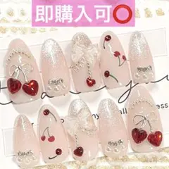 ネイルチップ現品オーダー量産型フレンチガーリーワンホンスナ系さくらんぼ赤ピンク白