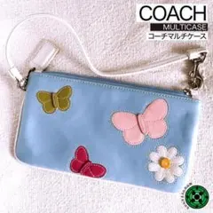 COACH コーチ マルチケース レザーポーチ ポップで可愛い 水色 蝶と花刺繍