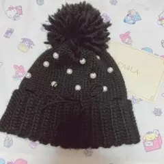 美品 カシラ パール付き ニット帽 黒のサムネイル