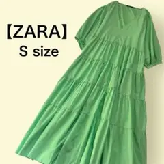 【ZARA】ネオンカラー ボリュームスリーブワンピース S グリーン