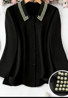 大きいサイズ　B144 黒パール襟　ブラウス