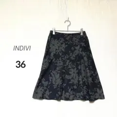 【INDIVI】美品✨ウール混 花柄 ひざ丈 フレアスカート 上品エレガント 黒