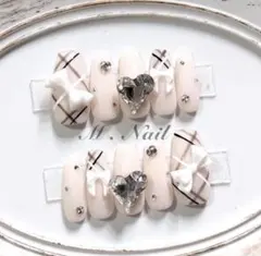 ネイルチップ フレンチガーリー リボン チェックネイル 量産型 韓国